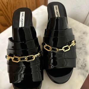 New Karl Lagerfeld women Black Patent Mules with Gold Chain size 9